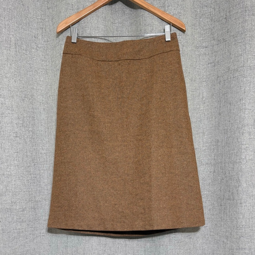 Lands' End Brown Herringbone Tweed Wool Silk Blend A-Line Skirt Size 6 Lined - Picture 2 of 8